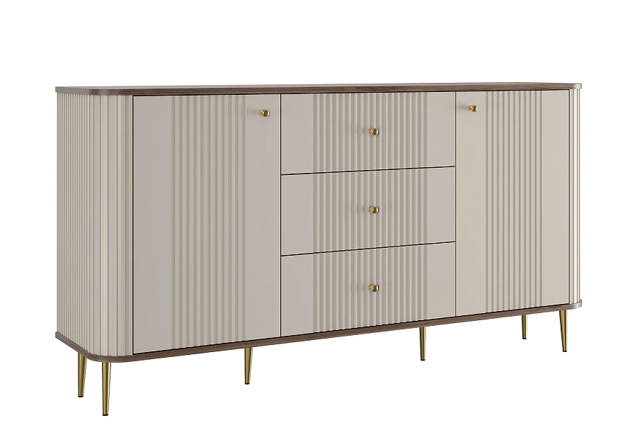 Komoda Vesper 160 cm se zásuvkami na nožkách - kašmír / ořech / zlaté nohy