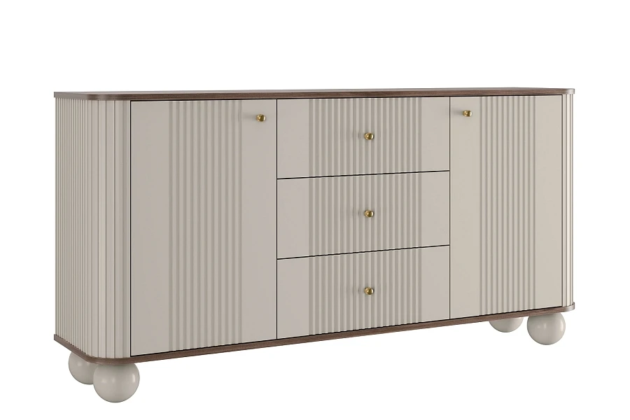 Komoda Vesper 160 cm se zásuvkami na kulových nohách - kašmír / ořech / zlaté úchyty