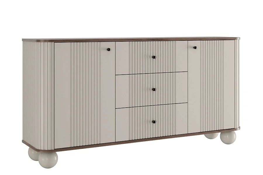 Komoda Vesper 160 cm se zásuvkami na kulových nohách - kašmír / ořech / černé úchyty