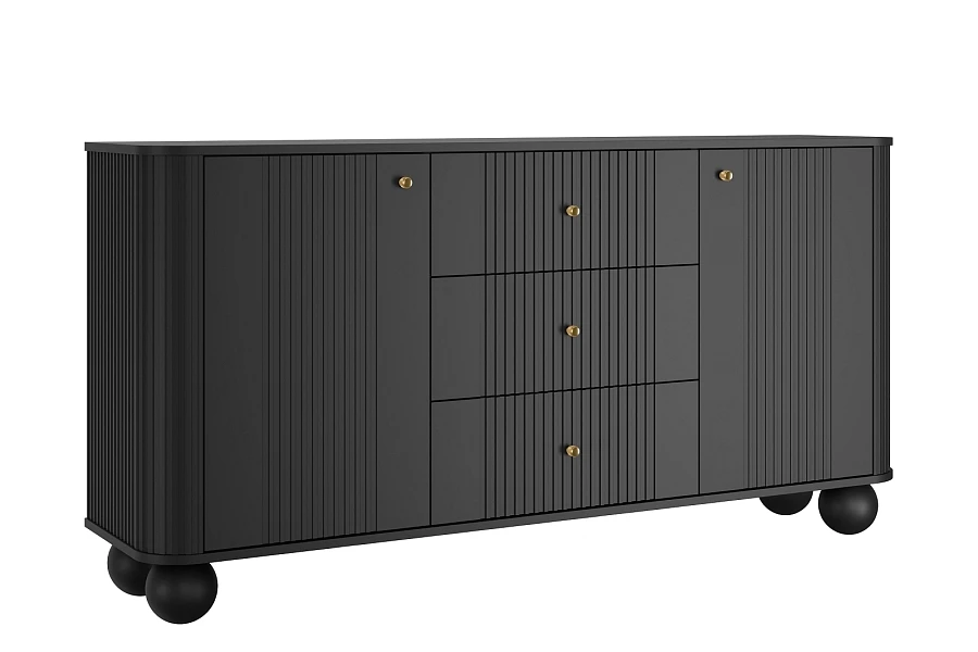 Komoda Vesper 160 cm se zásuvkami na kulových nohách - černá / zlaté úchyty / kulové nohy