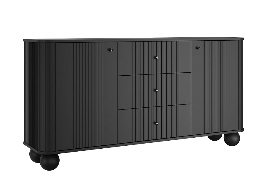 Komoda Vesper 160 cm se zásuvkami na kulových nohách - černá / černé úchyty