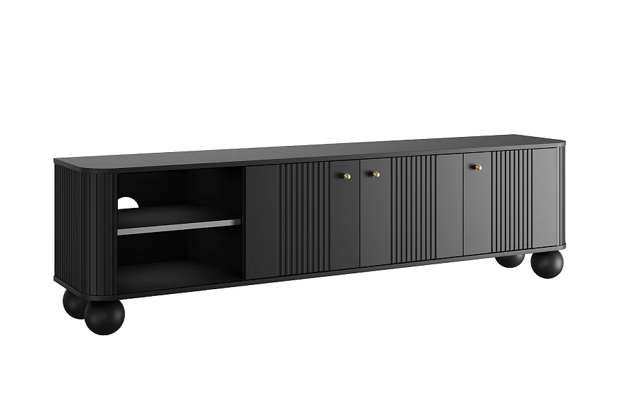 Černá třídvéřová TV skříňka Vesper 187 cm - zlaté úchyty / kulaté nohy