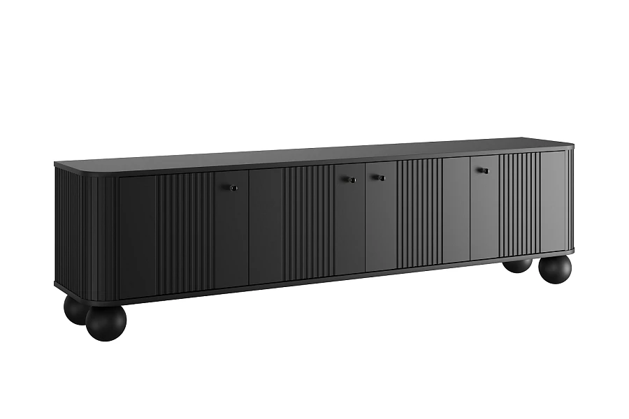 Moderní TV skříňka Vesper 187 cm - černá / černé úchyty / kulaté nohy