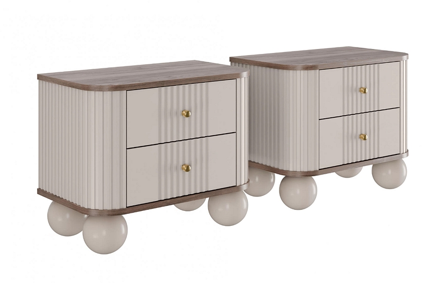 Set nočních stolků Vesper 56 cm - kašmírová / ořech / zlaté úchytky / kulaté kašmírové nohy
