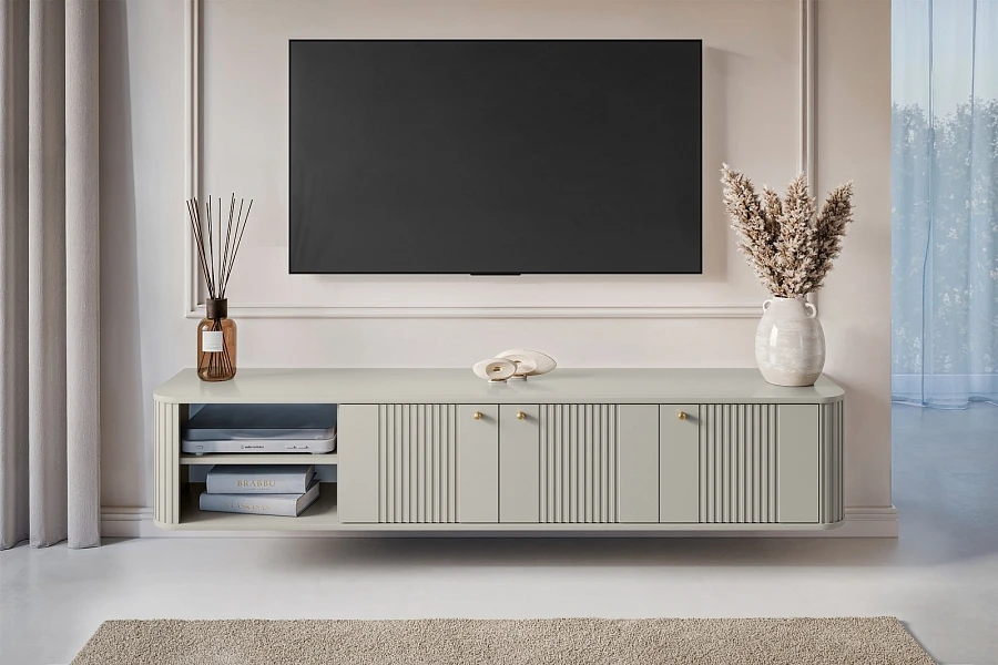 Závěsná TV skříňka Vesper 187 cm třídveřová - kašmír / zlaté úchyty