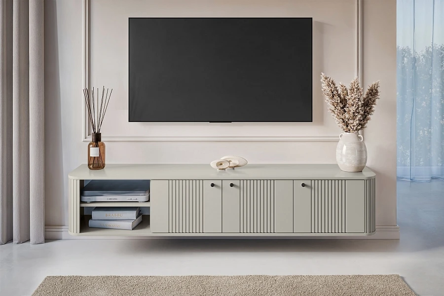 Závěsná TV skříňka Vesper 187 cm třídveřová - kašmír / černé úchyty