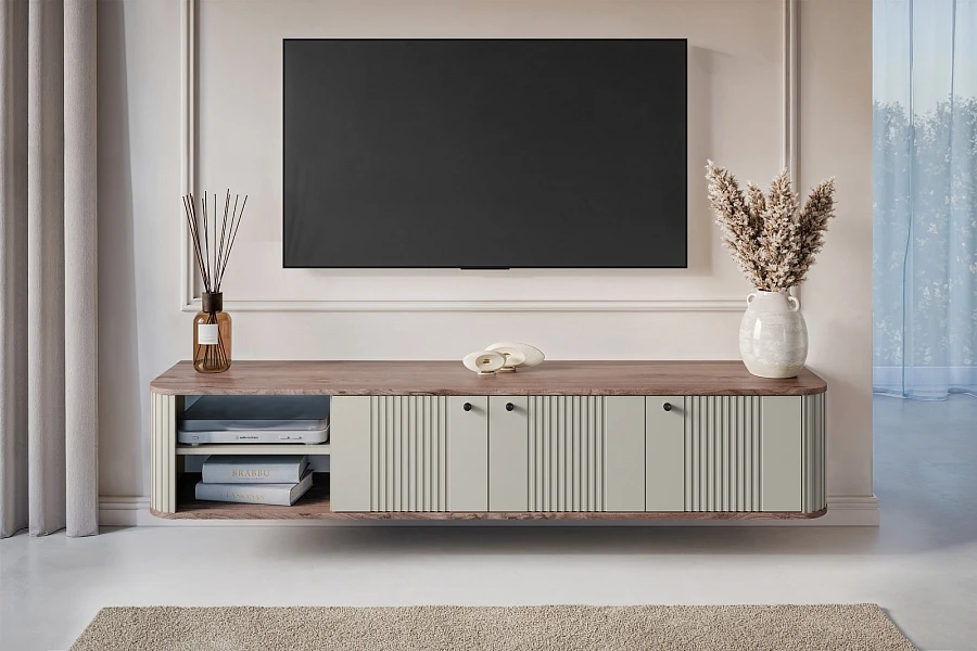 Závěsná TV skříňka Vesper 187 cm třídveřová - kašmír / ořech / černé úchyty