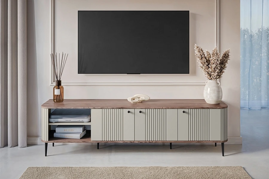 TV stolek Vesper 3D 187 cm  - Kašmír / Ořech / Černé nohy