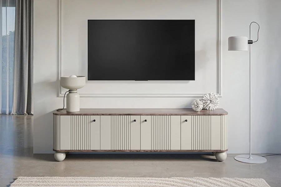 Moderní TV skříňka Vesper 187 cm - kašmír / ořech / černé úchytky