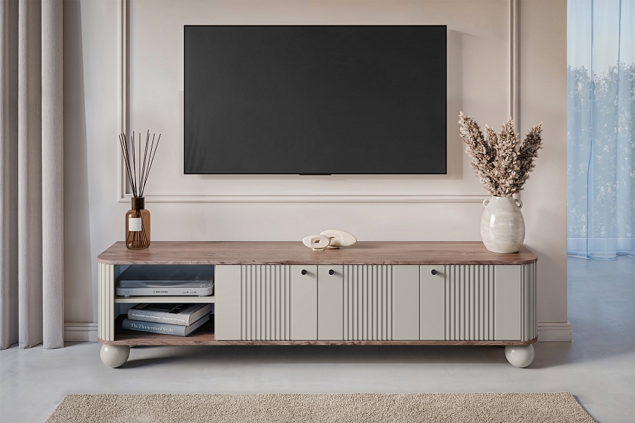Černá třídvéřová TV skříňka Vesper 187 cm  - kašmír / ořech / černé úchytky