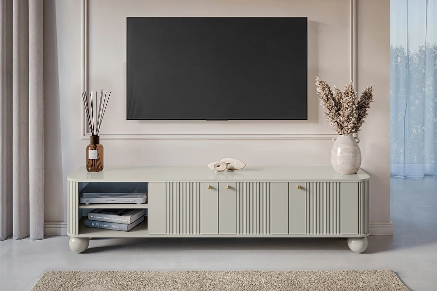 Černá třídvéřová TV skříňka Vesper 187 cm  - Kašmír / zlatá