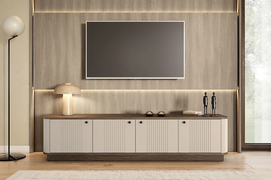 Černá TV skříňka Vesper 4D 187 cm s soklem  - Kašmír / Ořech / Černé úchytky