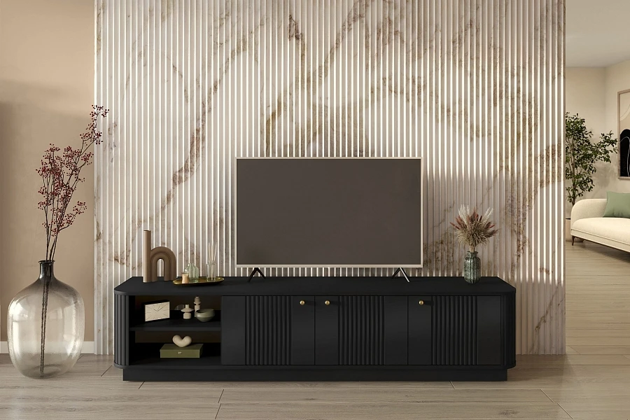TV stolek Vesper 3D 187 cm na soklu - černý / zlaté úchyty