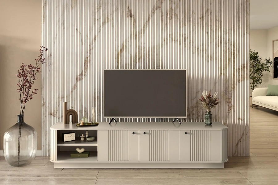 Moderní RTV skříňka Vesper 3D 187 cm na soklu - kašmír / černé úchyty