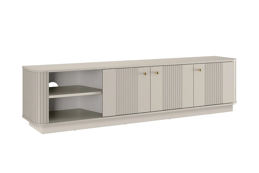 Moderní TV skříňka Vesper 3D 187 cm s kuchyňským soklem - kašmír / zlaté úchytky