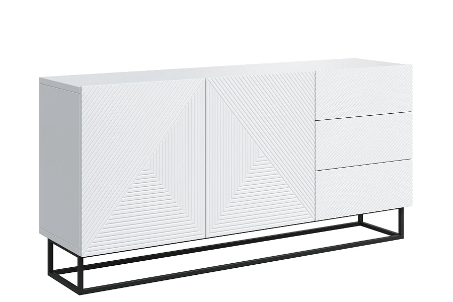 Moderní komoda Asha 167 cm dvoudveřová s šuplíky - bílý mat / černý rám