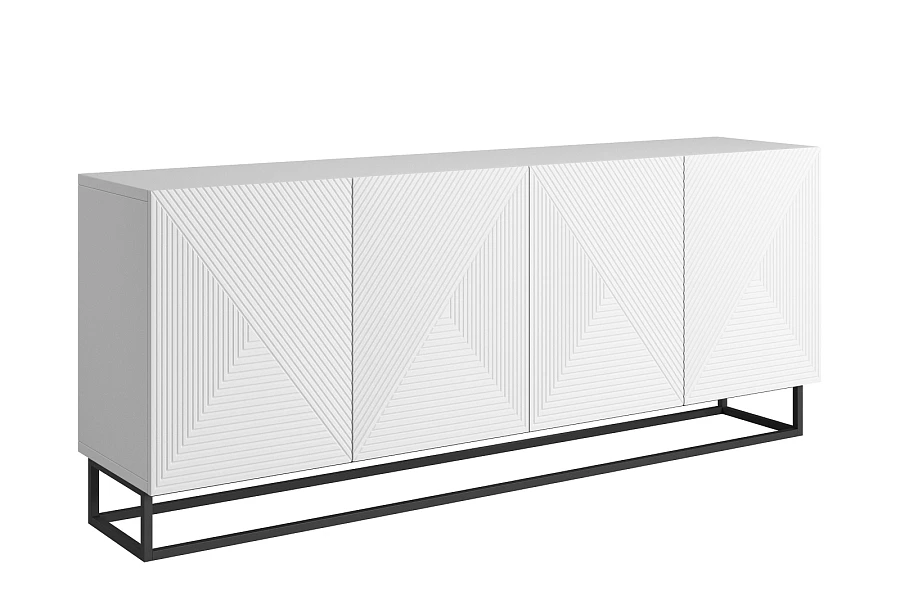 Moderní komoda Asha 200 cm čtyřdveřová - bílý mat / černý rám
