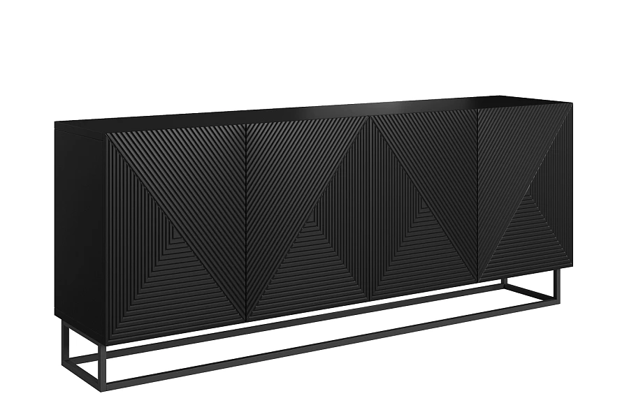 Moderní komoda Asha 200 cm čtyřdveřová - černý mat / černý rám