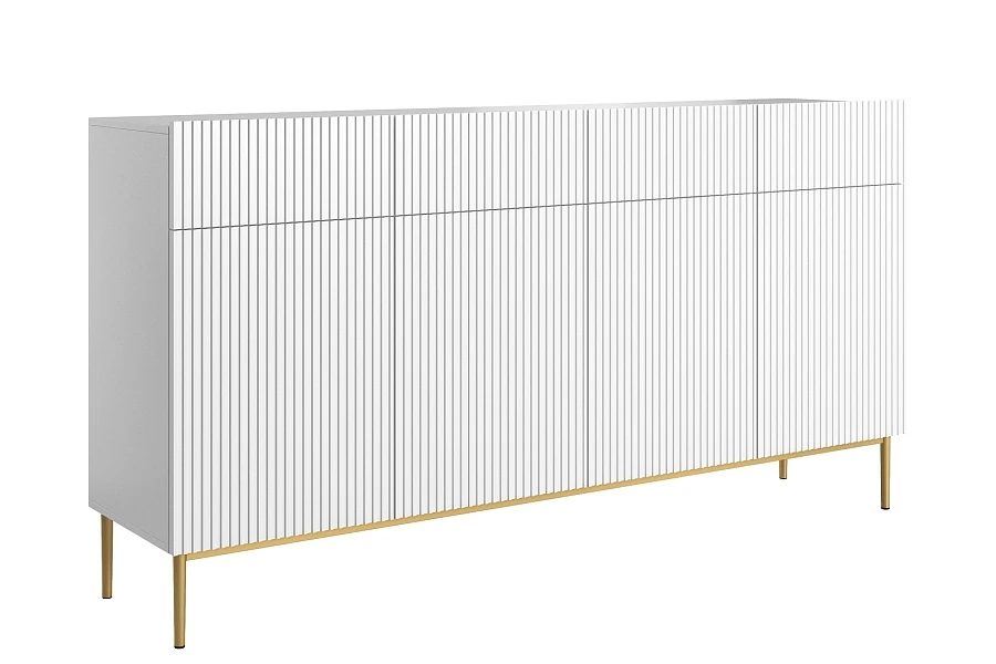 Čtyřdveřová komoda Nicole 200 cm se zásuvkami s ryhovaným čelem - bílý mat / zlaté nožky