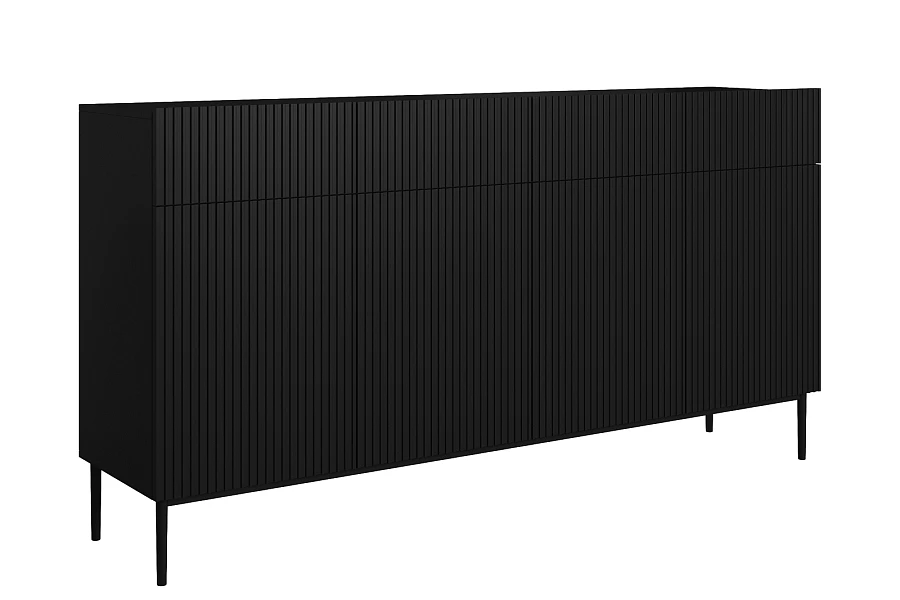 Čtyřdveřová komoda Nicole 200 cm se zásuvkami s ryhovaným čelem - černý mat / černé nohy