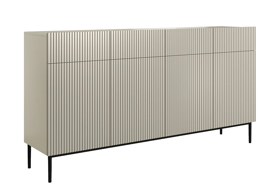 Moderní komoda Nicole 200 cm čtyřdveřová se zásuvkami s ryhovaným čelem - kašmír / černé nohy