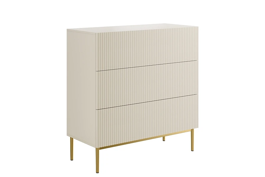 Moderní komoda Nicole 100 cm s zásuvkami a ryhovaným čelem  - Kašmírová / zlaté nožky