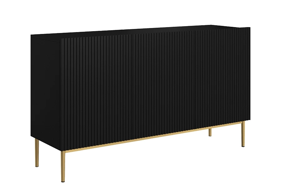 Moderní komoda Nicole 150 cm třídveřová s ryhovaným čelem - černá matná / zlaté nohy