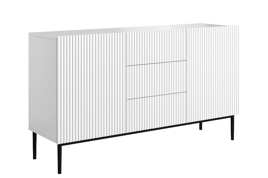 Moderní komoda Nicole 150 cm s šuplíky a rýhovaným čelem - bílý mat / černé nohy