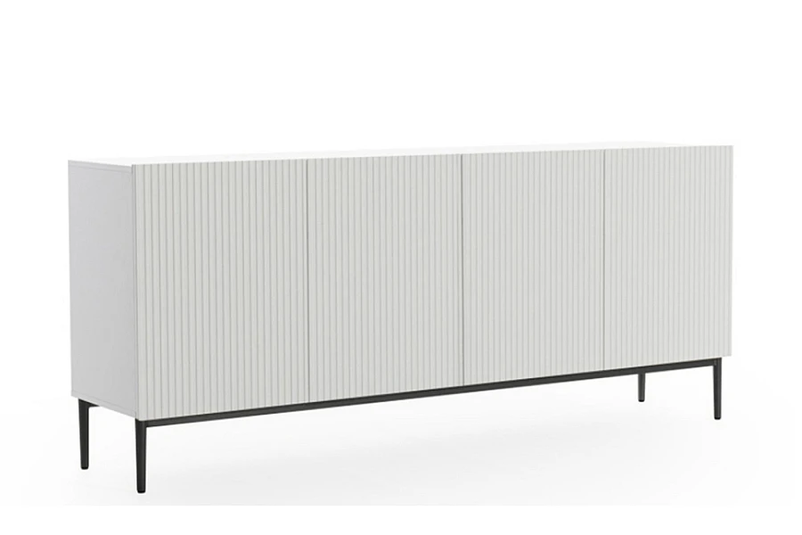 Moderní komoda Nicole 200 cm se čtyřmi dveřmi a ryhovaným čelem - bílý mat / černé nohy