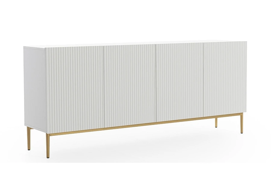 Moderní komoda Nicole 200 cm čtyřdveřová s ryhovaným čelem - bílý mat / zlaté nožky