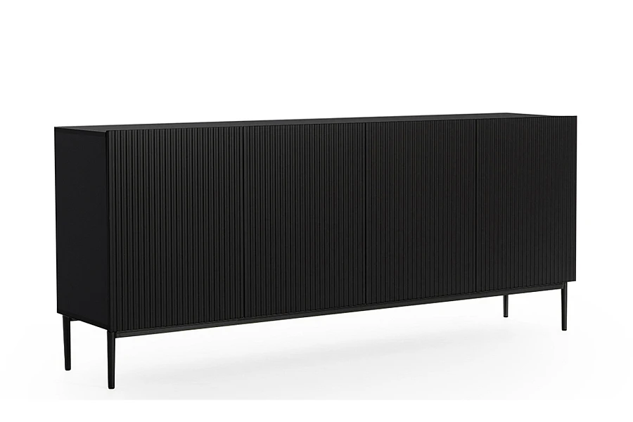 Moderní komoda Nicole 200 cm čtyřdveřová s ryhovaným čelem - černá matná / černé nohy
