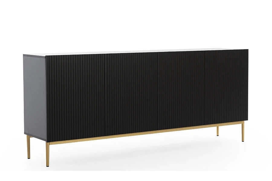 Moderní komoda Nicole 200 cm čtyřdveřová s ryhovaným čelem - černý mat / zlaté nohy