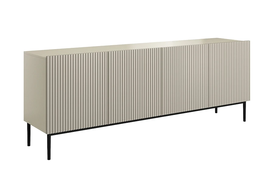 Moderní komoda Nicole 200 cm se čtyřmi dveřmi a ryhovaným čelem - kašmír / černé nohy