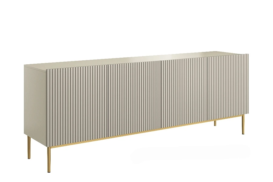 Moderní komoda Nicole 200 cm se čtyřmi dveřmi a rýhovaným čelem - kašmír / zlaté nožky