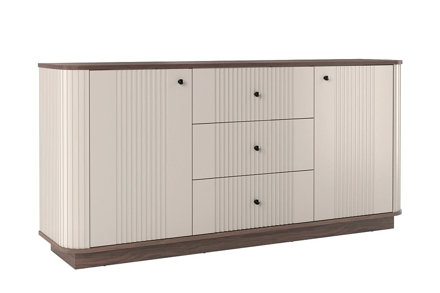 Komoda Vesper 160 cm se zásuvkami na soklu - kašmír / ořech / černé úchytky