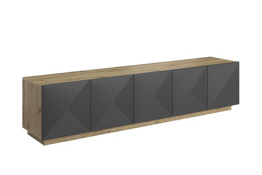 TV stolek Asha 200 cm pětidveřový s rýhovaným čelem - dub artisan / rivier stone mat