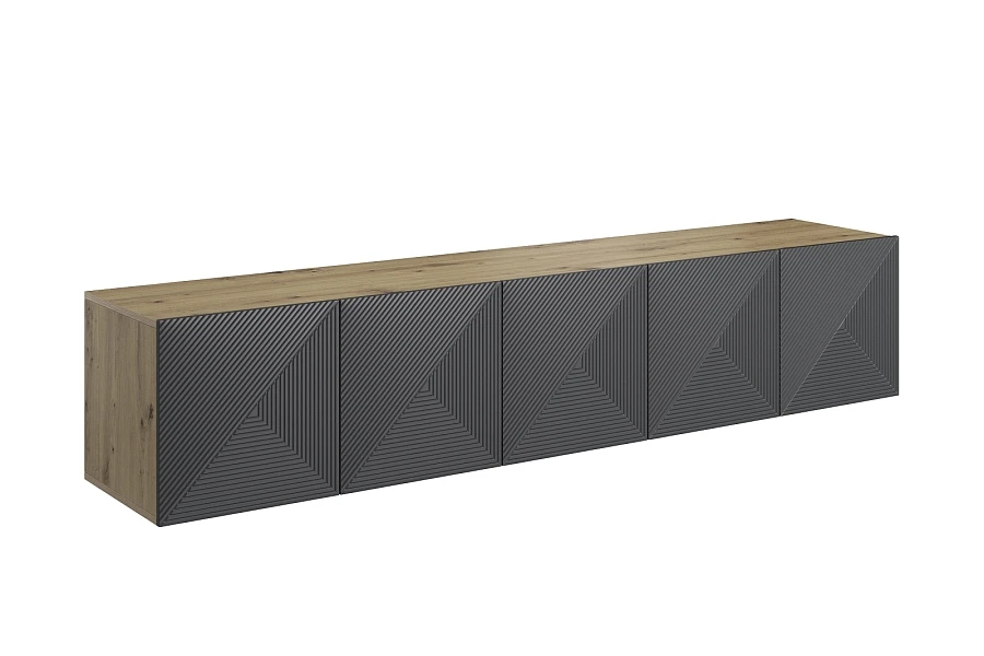 Závěsná TV skříňka Asha 200 cm s drážkovanými dvířky - artisan / rivier stone mat
