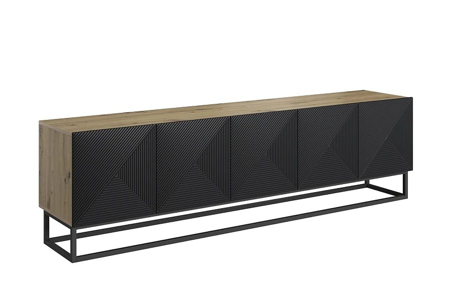 TV stolek Asha 200 cm s rýhovaným čelem na kovovém rámu - dub artisan / černý mat