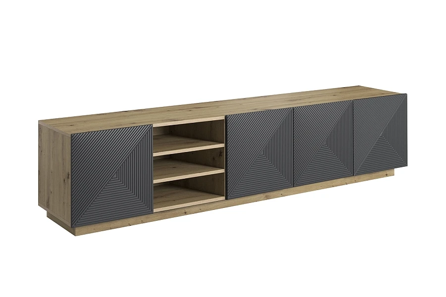 TV stolek Asha 200 cm s drážkovanými dvířky a otevřenou přihrádkou - dub artisan / rivier stone mat