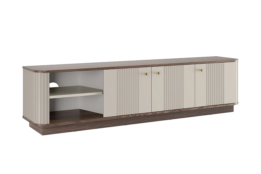 TV stolek Vesper 3D 187 cm na soklu - kašmír / ořech / zlaté úchyty