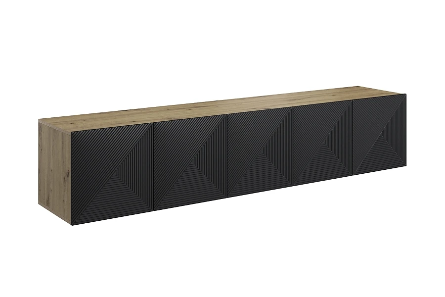 Závěsná TV skříňka Asha 200 cm s drážkovaným čelem - artisan / černý mat