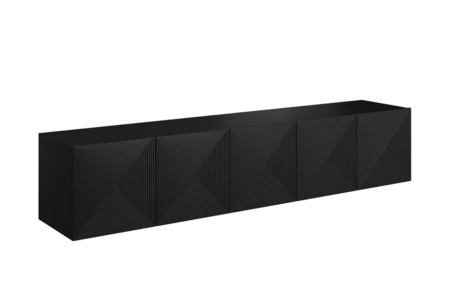Závěsná TV skříňka Asha 200 cm s drážkovaným čelem - černý mat