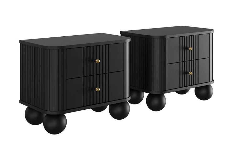 Set nočních stolků Vesper 56 cm - černá / zlaté úchytky / kulaté černé nohy